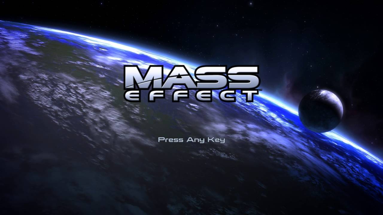 Titulní obrazovka prvního Mass Effect. Pohled na Zemi z vesmíru.
