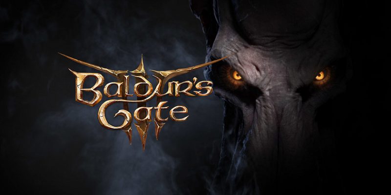 Logo hry Baldurs Gate III. V pozadí se na nás dívá tajemné monstrum.