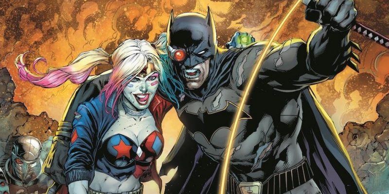 Harley Quinn a Batman se objímají ve vřavu bitvy