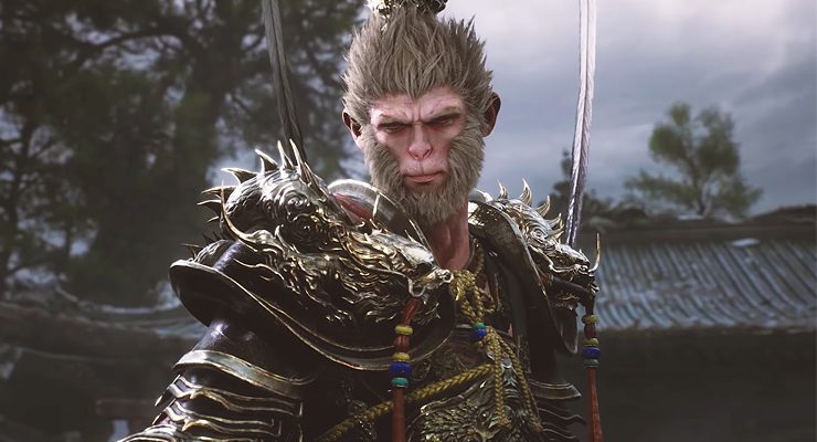 Black Myth: Opičí muž stojí v brnění před čínským chrámem.