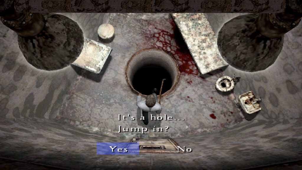 Hlavní hrdina Silent Hill 4 se rozhoduje, zda-li seskočit do díry.